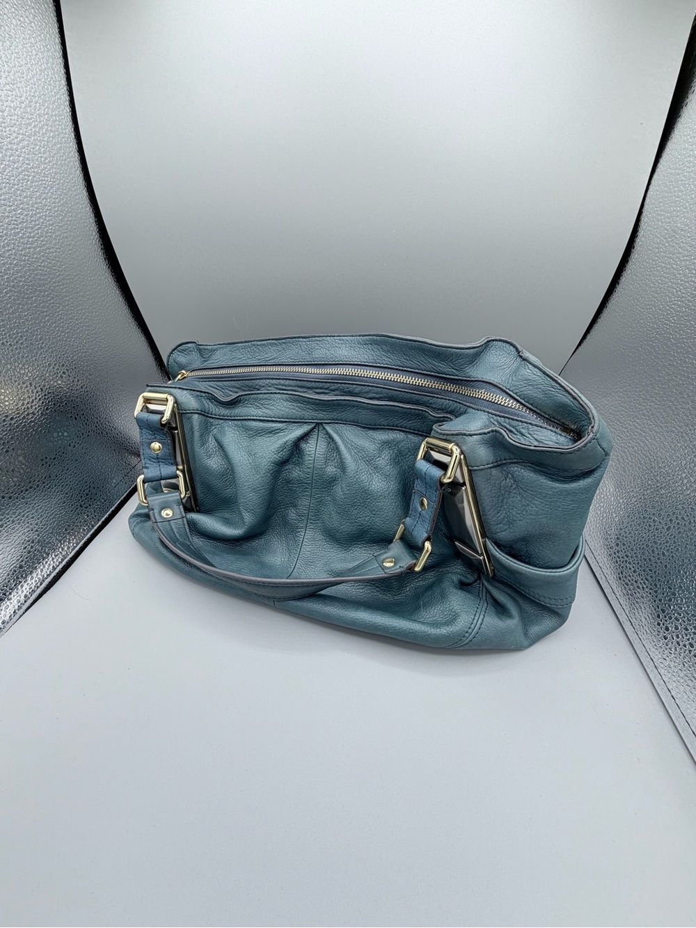 b. makowsky Teal Blue Leather Shoulder Bag with Gold Hardware